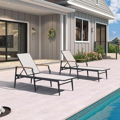 PURPLE LEAF Outdoor Chaise Lounge Chair Set of 2 Patio Pool Lounger Aluminum Chairs with Wooden Armrest Sunbathing Tanning Recliner for Outside Backyard Beige