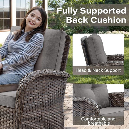 Belord Patio Wicker Furniture with Rocking Chairs Loveseat, 5 Piece Rattan Furniture Outdoor Table and Rocking Chairs Set for Patio Deck Porch Backyard Brwon/Grey