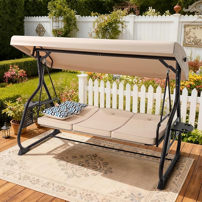 3 Seat Outdoor Porch Patio Swing with Adjustable Canopy& Backrest, Outdoor Swing for Adults - Photo 9