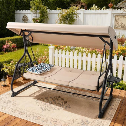 3 Seat Outdoor Porch Patio Swing with Adjustable Canopy& Backrest,Outdoor Swing for Adults,3 in 1 Convertible Swing Bed with Cushions & Cup Holders for Yard Deck Garden (Khaki)