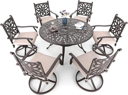 MFSTUDIO Cast Aluminum Patio Dining Table, 54" Round Outdoor Table with 2.2’’ Umbrella Hole, Retro Pattern Metal Aluminum Outdoor Dining Table for 4-6