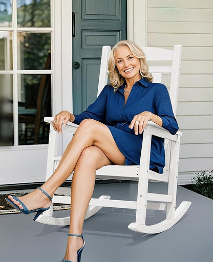 KINGYES HDPE Outdoor Rocking Chair, Widened Seat Patio Rocking Chair, Oversized All Weather Patio Rocker, White
