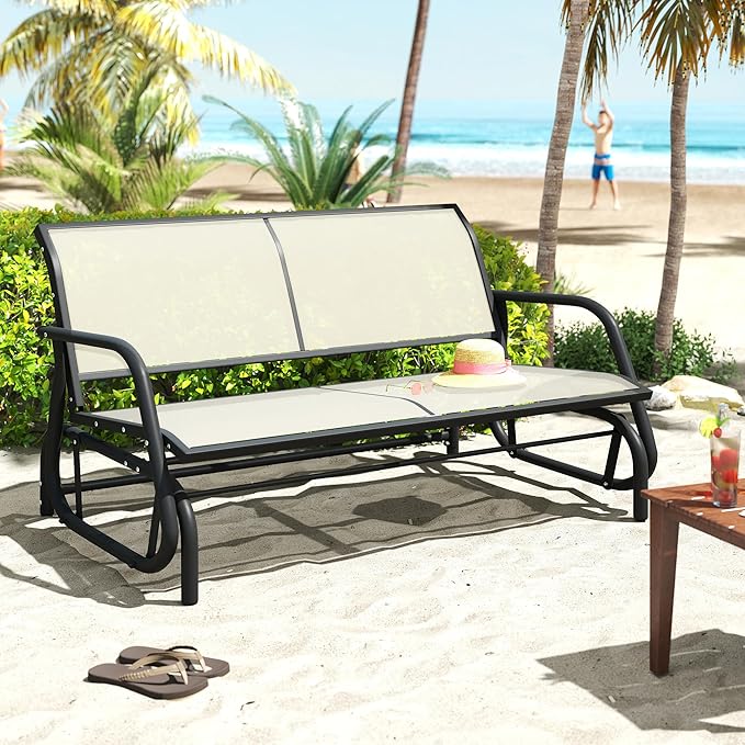 Patio Outdoor Glider Bench, High Backrest and Breathable Mesh Fabric, Yard Porch Loveseat, Outside Rocking Swing Chair - Photo 2