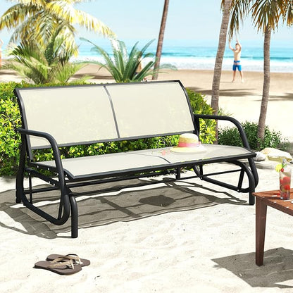 Patio Outdoor Glider Bench, High Backrest and Breathable Mesh Fabric, Yard Porch Loveseat, Outside Rocking Swing Chair, Heavy Duty Metal, Clearance, Beige