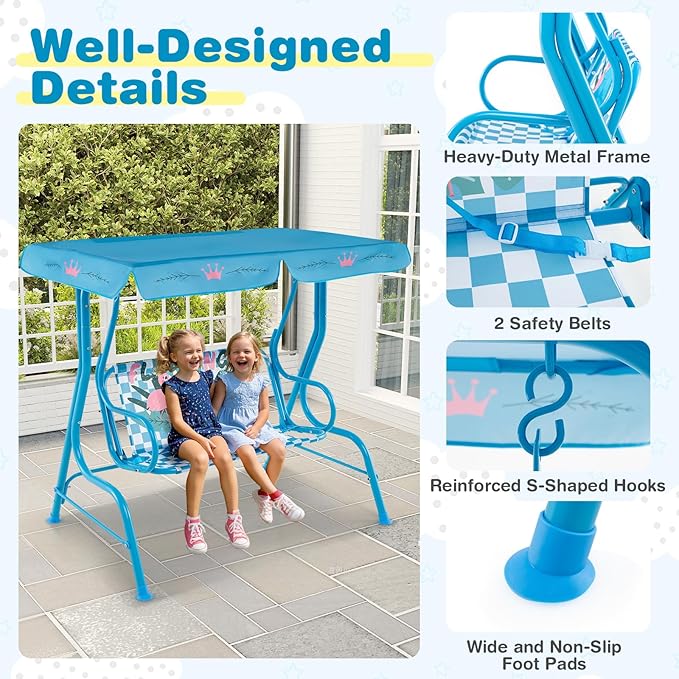 Costzon Kids Porch Swing, All-Weather Patio Swing Bench Hammock w/Adjustable Canopy & Safety Belts for 2 Children - Photo 5