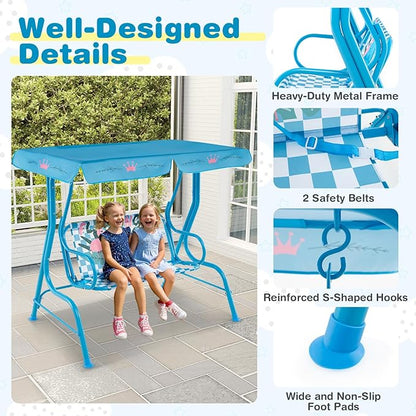 Costzon Kids Porch Swing, All-Weather Patio Swing Bench Hammock w/Adjustable Canopy & Safety Belts for 2 Children, Outdoor Swing for Backyard Garden Balcony Poolside (Blue, Flamingo)