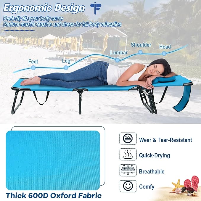 Goplus Tanning Chair, Folding Beach Lounge Chair with Face Hole, Removable Pillow, Carry Strap, Position Adjustable, Sunbathing Chair, Portable Outside Lounge Chair for Patio Pool