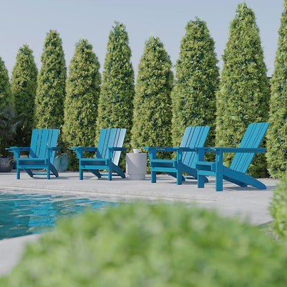 Flash Furniture Halifax Adirondack Chairs with Cup Holders, Weather Resistant Poly Resin Adirondack Chairs, Set of 4, Blue