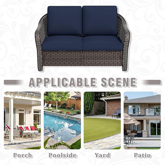 55 inch Outdoor Wicker 2 Seater Sofa, All-Weather Use Patio Rattan Loveseat with Seat and Back Cushion, Ideal for Porch - Photo 7