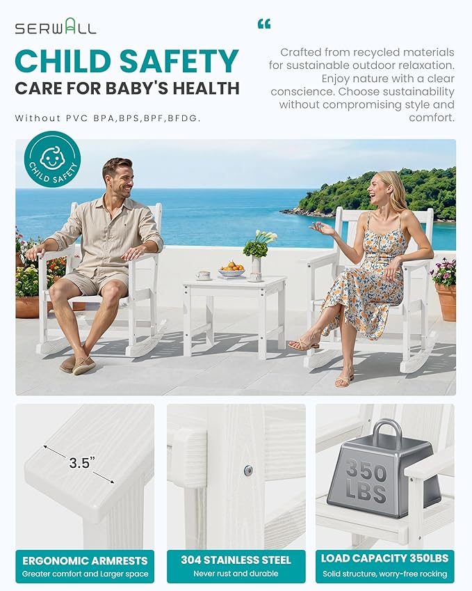 SERWALL HDPE Outdoor Rocking Chairs Set of 6, All Weather 4 Porch Rockers with 2 Side Tables - Photo 3