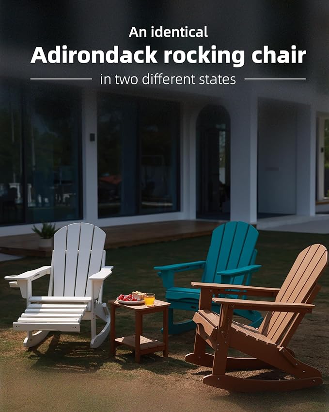 Folding Adirondack Rocking Chair Set of 2,4-in-1 Multifunctional Patio Chairs with Retractable Ottoman, Outdoor Chairs Wood Texture, Lawn Chair for Porch, Backyard, Pool(Navy Blue)