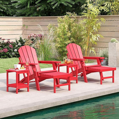 BRIOPAWS Adirondack-Chair-with-Pull-Out-Footrest | Folding | HDPE Plastic | Fire Pit Chairs | All Weather | Cup Holders | Curved Back | Retractable Ottoman | for Outdoor Deck Poolside | Red