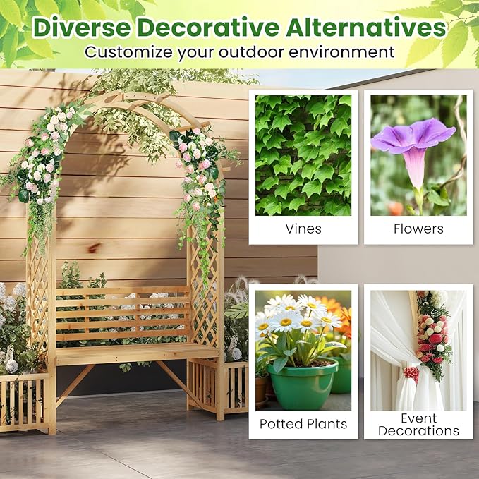 Giantex Outdoor Bench with Garden Arch & Planters, Wooden Pergola Archway, Outdoor Trellis for Climbing Plants - Photo 8