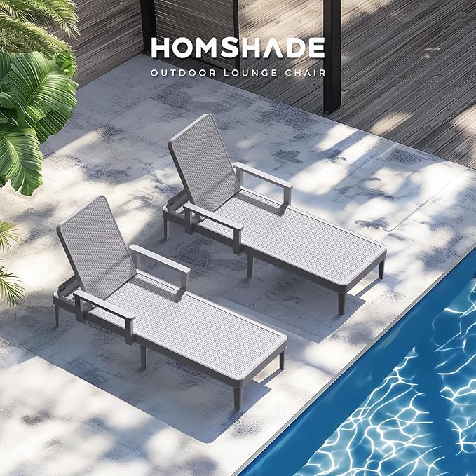 HOMSHADE Chaise Lounge Chair Outdoor - Set of 2 with 5 Position Adjustable Backrest, Armrest, Waterproof, 330lbs Weight Capacity for Pool, Resin, Light Grey