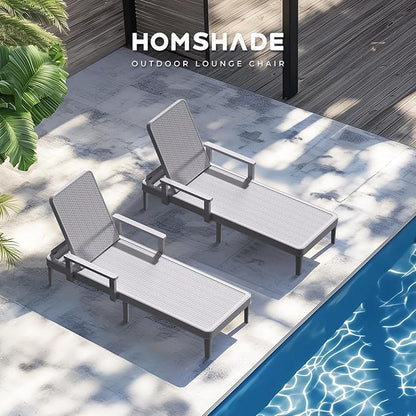 HOMSHADE Chaise Lounge Chair Outdoor - Set of 2 with 5 Position Adjustable Backrest, Armrest, Waterproof, 330lbs Weight Capacity for Pool, Resin, Light Grey