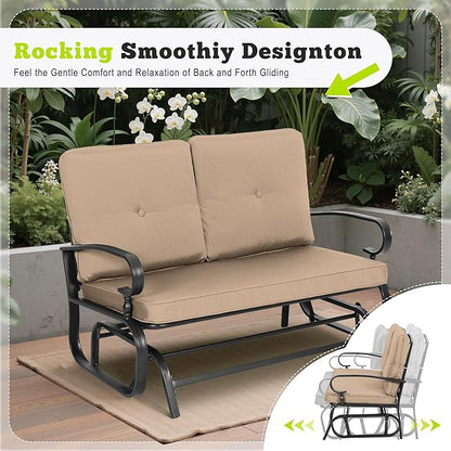 Outdoor Bench Patio Swing Glider Loveseat 2 Seats Rocking Chair, Wrought Iron Gliders for Outside Patio with Cushion (Brown)