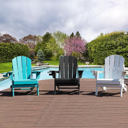 Lepdep Folding Adirondack Chair Modern Adjustable Plastic Outdoor Fire Pit Chair Weather Resistant 3-Positons Patio Chair with Cup Holder for Outdoor Porch Garden Backyard Deck and Pool, Blue…