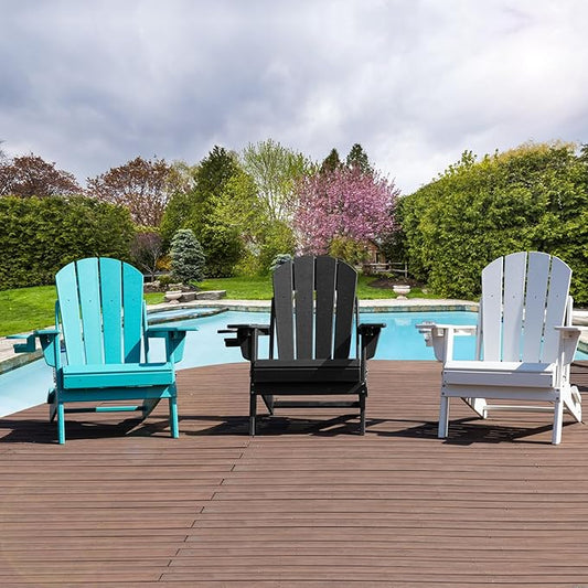Lepdep Folding Adirondack Chair Modern Adjustable Plastic Outdoor Fire Pit Chair Weather Resistant 3-Positons Patio Chair with Cup Holder for Outdoor Porch Garden Backyard Deck and Pool, Blue…