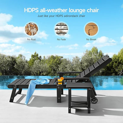 ONBRILL Patio Chaise Lounge Set of 2, Outdoor Lounge Chairs with 5-Level Adjustable Backrest, CupHolder, No Fade, No Break, 350lbs Capacity, HDPS Material, Black