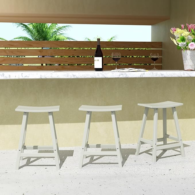 Costaelm All-Weather Bar Stools Set of 3, 24" Height Outdoor Bar Stools, Adirondack Poly Patio Bar Stool for Patio, Deck, Kitchen Counter and Garden, Sand
