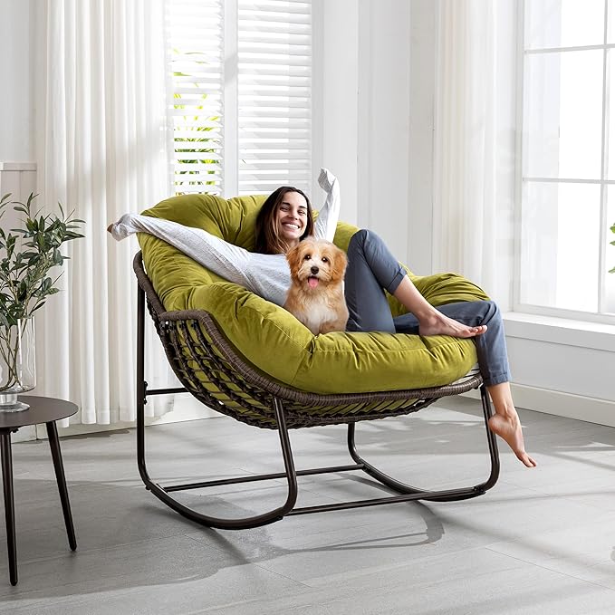Large Indoor Outdoor Rocking Chair, Oversized Rocking Papasan Chair with Thick Cushion and Frame Outdoor Rocker, Comfy Wicker Egg Chairs Lounge for Outside Porch Patio Backyard Balcony (Olive Green)