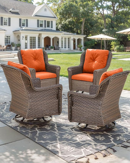 Patio Chairs Outdoor Swivel Glider - Set of 4 High Back Outside Brown Wicker Rattan Rocking Chair with Thick Cushion for Porch Apartment Deck Yard Poolside Garden - Orange