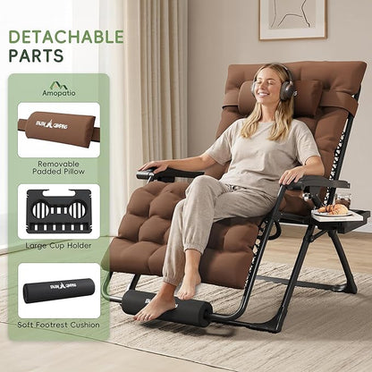 Amopatio Oversized Zero Gravity Chair, 33''W Reclining Camping Lounge Chair Upgraded Lock and Footrest, Cup Holder, Removable Cushion & Headrest Folding Patio Recliner for Relexing