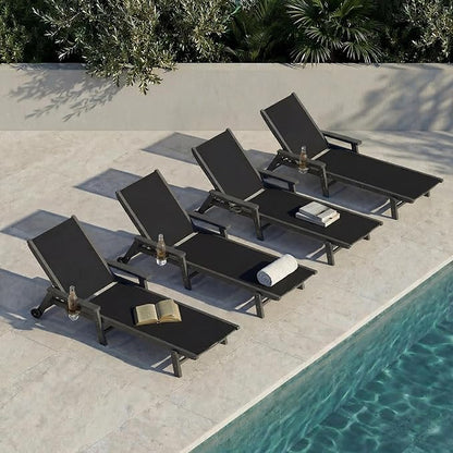 Patio Chaise Lounge Chair with Wheels & Cup Holder, HDPE Textilene Outdoor Lounge Chair 5 Positions Adjustable for Poolside Deck Patio Backyard (1, Grey Frame, Black Textilene)