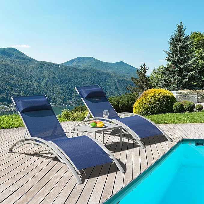 Domi Pool Lounge Chairs Set of 2 with Side Table, Aluminum Adjustable Outdoor Chaise Lounge, All Weather Poolside Chairs for Deck Lawn Poolside, Textilene (Navy Blue)