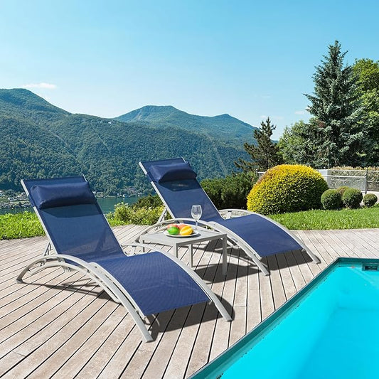 Domi Pool Lounge Chairs Set of 2 with Side Table, Aluminum Adjustable Outdoor Chaise Lounge, All Weather Poolside Chairs for Deck Lawn Poolside, Textilene (Navy Blue)