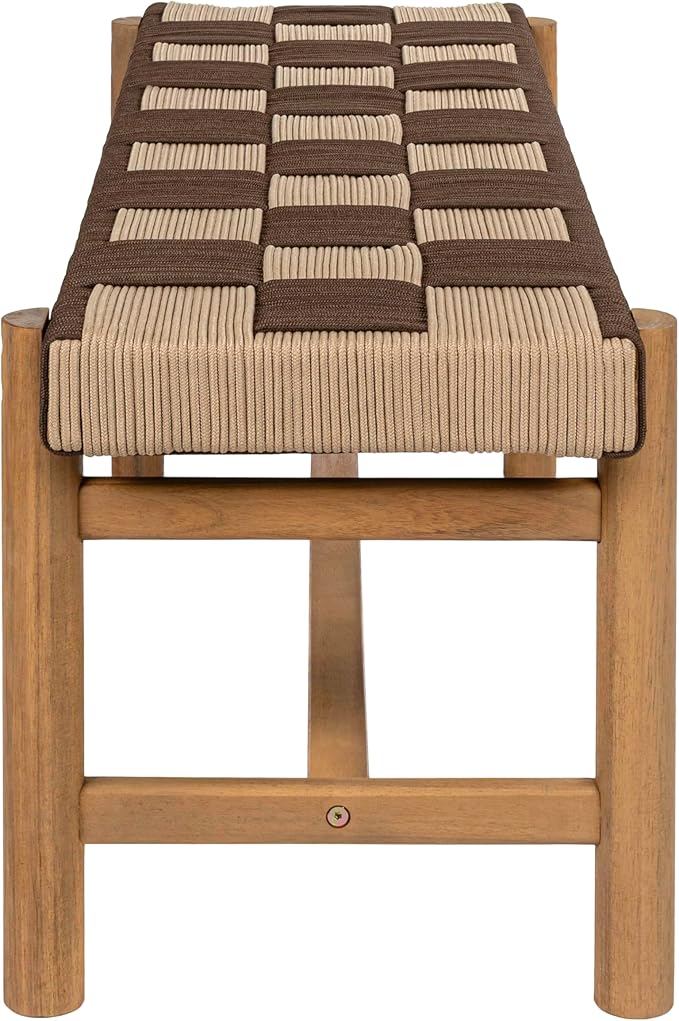 JONATHAN Y BNH202B Denis 48" 2-Seat Backless 700-Lbs Support Acacia Wood Outdoor Bench with Checkerboard Woven Rope Seat for Patio, Garden, Lawn, Backyard, Pool, Deck, Beach, Brown/Beige