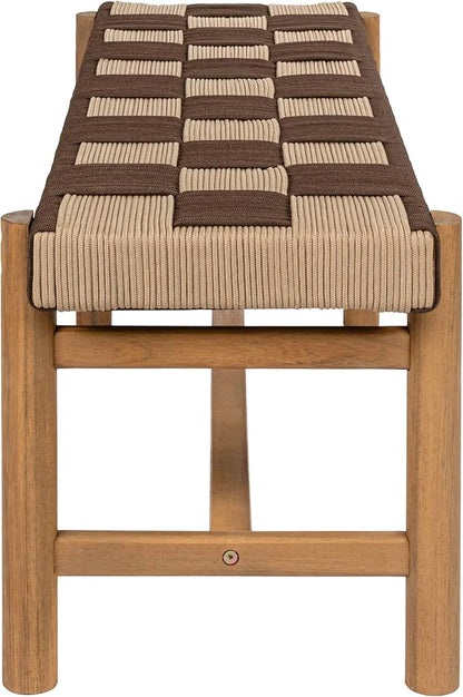 JONATHAN Y BNH202B Denis 48" 2-Seat Backless 700-Lbs Support Acacia Wood Outdoor Bench with Checkerboard Woven Rope Seat for Patio, Garden, Lawn, Backyard, Pool, Deck, Beach, Brown/Beige