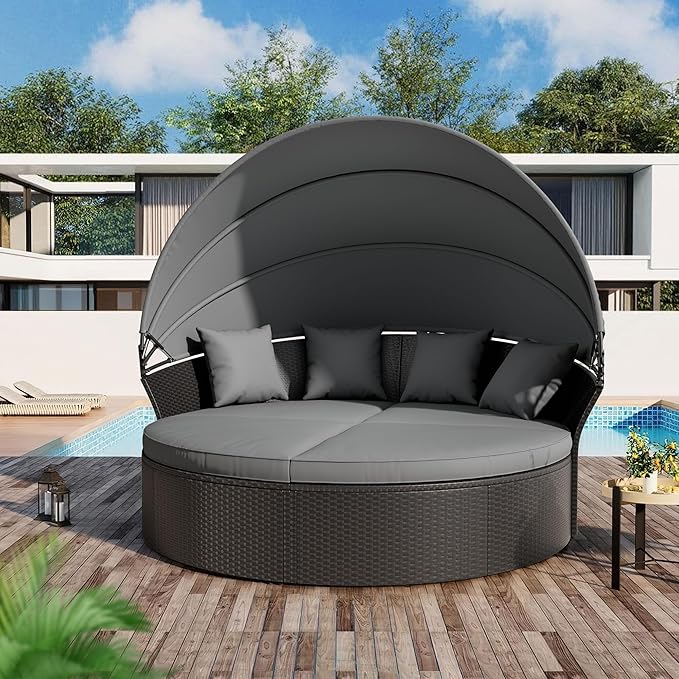 Crownland Outdoor Round Daybed with Retractable Canopy, Patio Daybed with Washable Cushions, Clamshell Sectional Seating - Photo 2