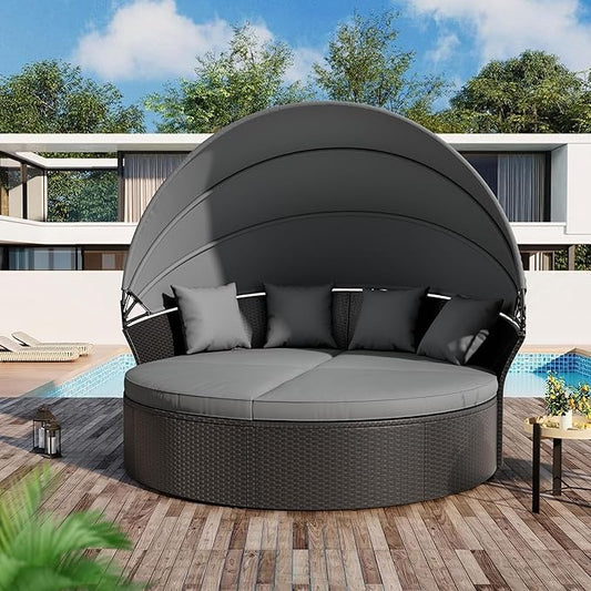 Crownland Outdoor Round Daybed with Retractable Canopy, Patio Daybed with Washable Cushions, Clamshell Sectional Seating, Black Wicker Furniture for Garden, Patio, Pool (Grey,Gray)