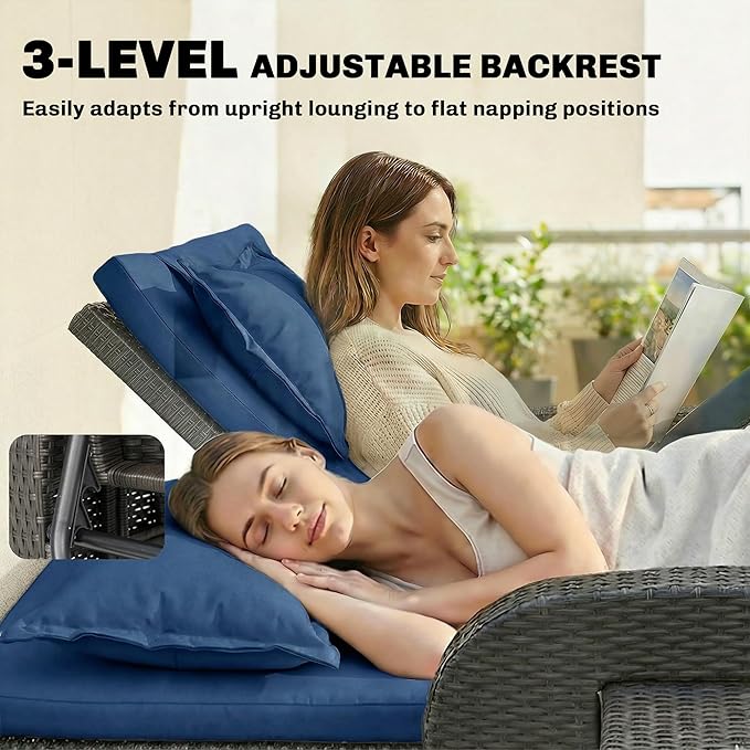 Outsunny Patio Rattan Daybed, Wicker Outdoor Daybed with Storage Ottoman, Loveseat Sofa with Adjustable Backrest, Side Tables, Cushions, Headrests, Double Sunbed Lounger for Balcony, Navy Blue