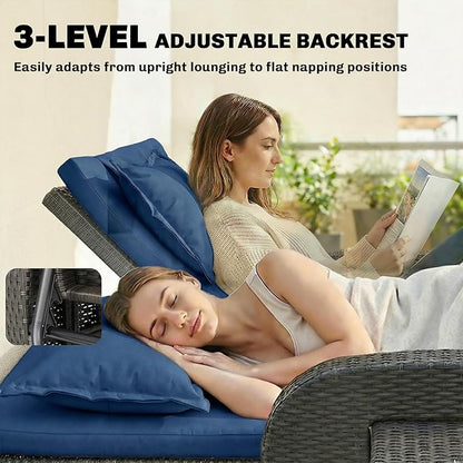 Outsunny Patio Rattan Daybed, Wicker Outdoor Daybed with Storage Ottoman, Loveseat Sofa with Adjustable Backrest, Side Tables, Cushions, Headrests, Double Sunbed Lounger for Balcony, Navy Blue