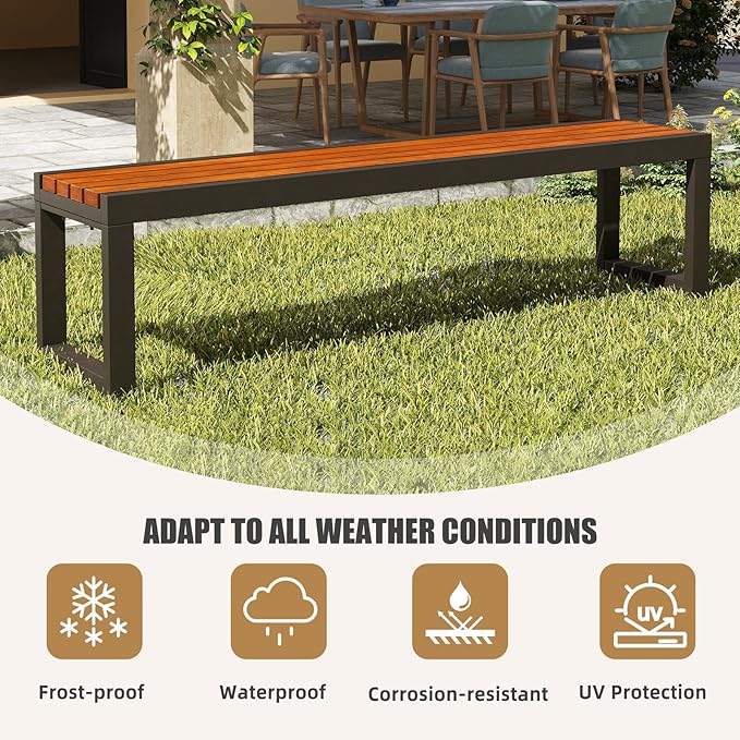 Outdoor Garden Bench with Wooden Seat & Iron Frame, All-Weather Outside Benches Heavy Duty Patio Bench for Lawn Porch Yard Park, 880lb Capacity 15.4×17.7in (WxH) Easy Assembly 70.86x15.4x17.7IN