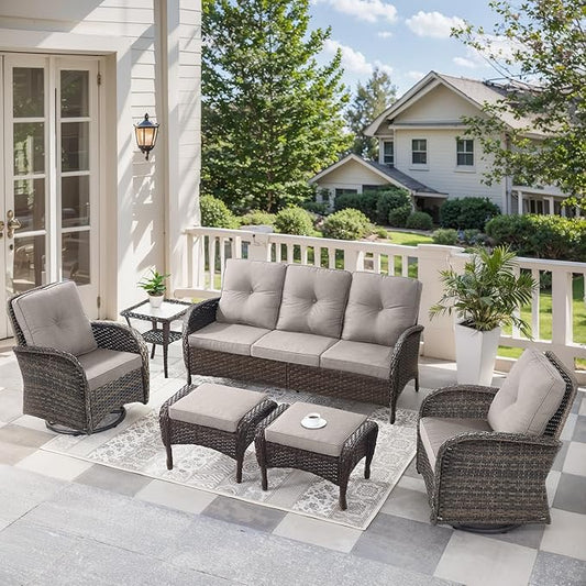 6 Pieces Outdoor Furniture-Patio Swivel Rocker Chairs Set of 2 3-Seater Wicker Couch with Outdoor Ottoman Outdoor Patio Furniture Set for Deck Porch Garden Balcony Poolside-Brown/Beige