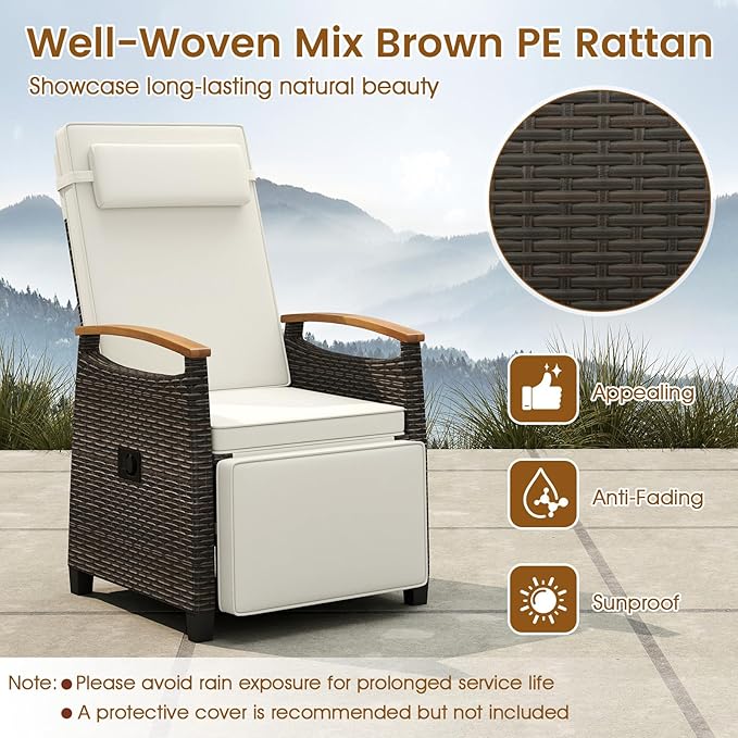 HAPPYGRILL Outdoor Rattan Wicker Chaise Lounge Recliner Chair with Adjustable Backrest & Footrest, Push Back Outside Seat w/Cushion & Flip Table for Backyard, Porch, Balcony (Off White,2)