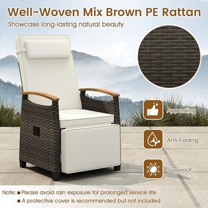 HAPPYGRILL Outdoor Rattan Wicker Chaise Lounge Recliner Chair with Adjustable Backrest & Footrest, Push Back Outside Seat w/Cushion & Flip Table for Backyard, Porch, Balcony (Off White,2)