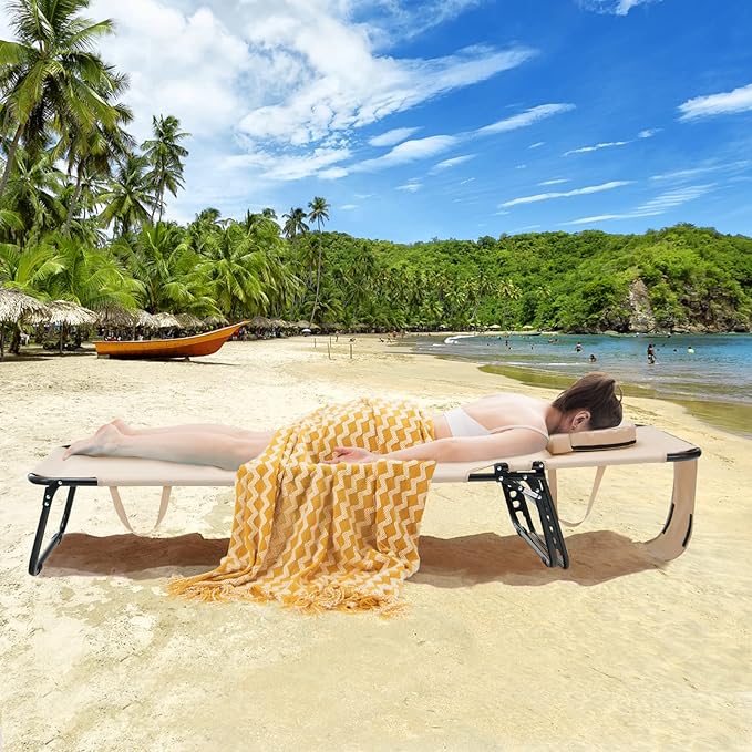 GYMAX Tanning Chair, 330lbs Beach Lounge Chair with Face Hole, Washable Pillow & Carry Strap, Adjustable Folding Chaise Lounge, Layout Lounger for Outside, Patio, Poolside, Lawn (2, Beige)