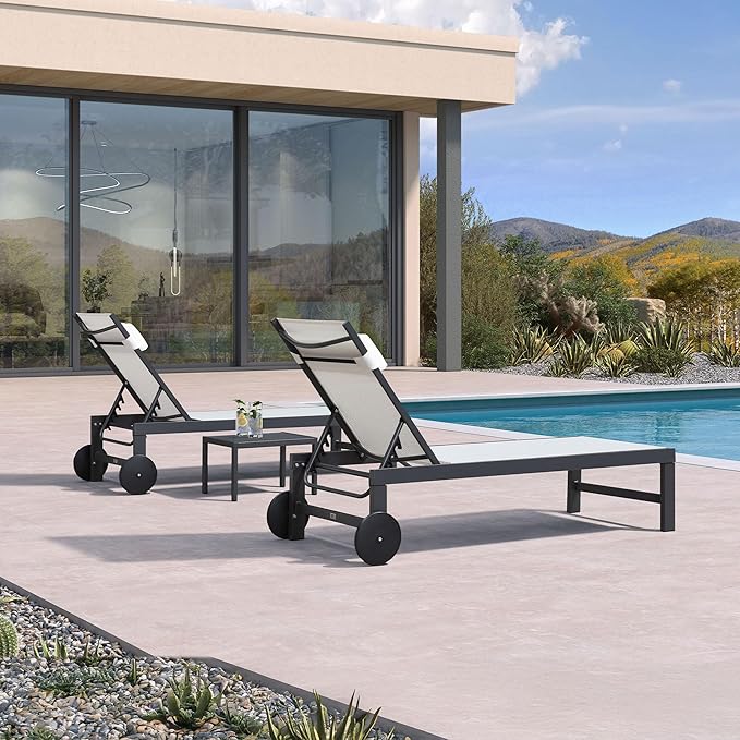 PURPLE LEAF Patio Lounge Chair Set Outdoor Chaise Lounger Aluminum Frame with 2 Side Table and Wheels for Pool Outside Sunbathing Tanning Recliner Including Pillows White