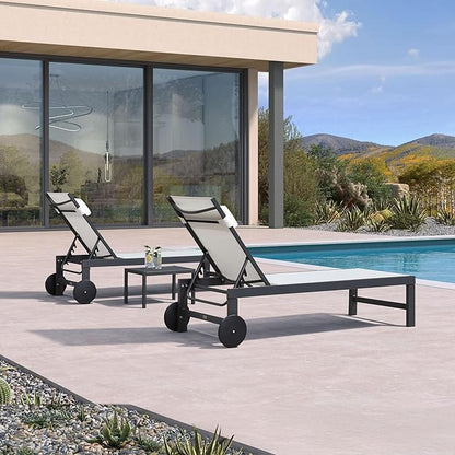 PURPLE LEAF Patio Lounge Chair Set Outdoor Chaise Lounger Aluminum Frame with 2 Side Table and Wheels for Pool Outside Sunbathing Tanning Recliner Including Pillows White