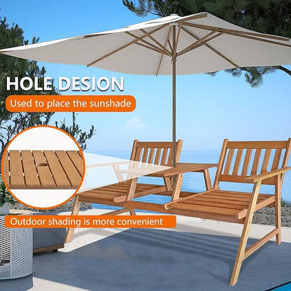 PayLessHere Outdoor Patio Bench Garden Bench Eucalyptus Wood Patio Bench with Table Outdoor Loveseat for Backyard Balcony Pool Beach Garden, Nature