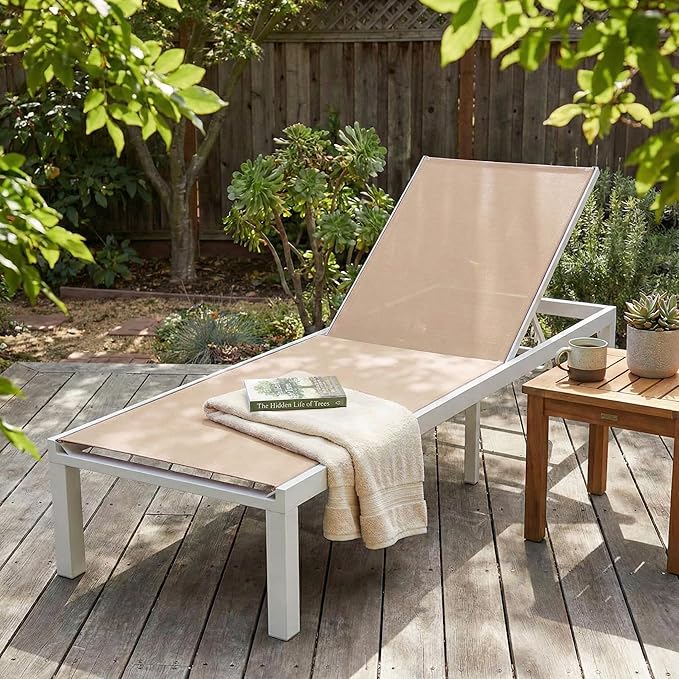 LeisureMod Marlin Aluminum Outdoor Chaise Lounge Chair - Mesh Sling Fabric Seat White Aluminum Frame Beach, Pool Lounge Chair for Modern Patio Lawn, Garden and Backyard (Light Brown)