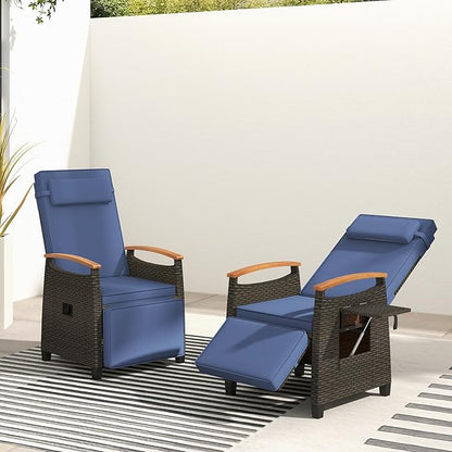 Tangkula Patio Wicker Recliner Chair, Rattan Lounge Chair w/Adjustable Backrest & Footrest, Flip Side Table, Push Back Reclining Seat w/Cushion for Backyard, Porch, Lawn (1, Navy)
