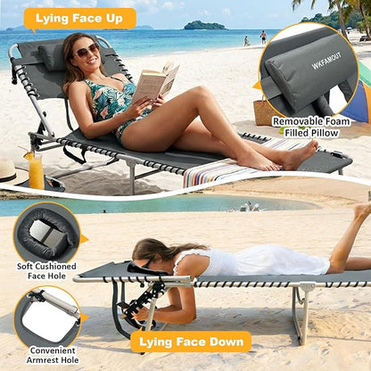 Backpack Sun Tanning Chair with Face Hole & Beach Table, 5-Position Adjustable Folding Lounge Chair Outdoor for Lawn Patio Garden