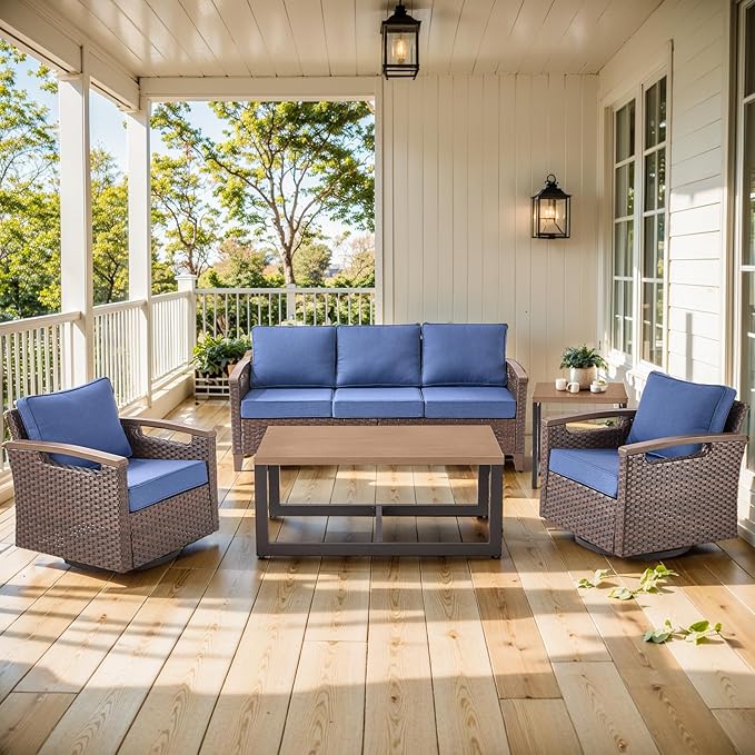 Luxury 5 Piece Heavy Duty Patio Furniture Set with Swivel Chairs - All Weather Wicker Comfort Thick Cushion Outdoor Conversation Set with Sofa & Coffee Table for Porch Poolside Deck - Blue