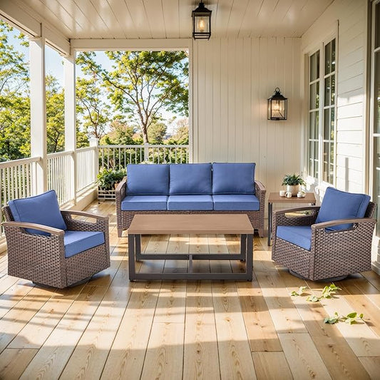 Luxury 5 Piece Heavy Duty Patio Furniture Set with Swivel Chairs - All Weather Wicker Comfort Thick Cushion Outdoor Conversation Set with Sofa & Coffee Table for Porch Poolside Deck - Blue