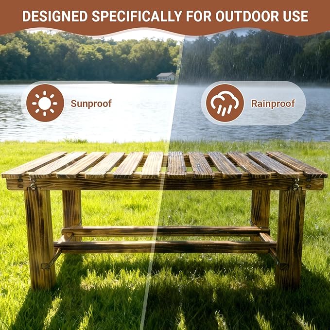35.5" Outdoor Garden Bench, Weatherproof 2-Person Backless Wooden Bench with Mortise-Tenon Structure – for Garden, Lawn - Photo 4